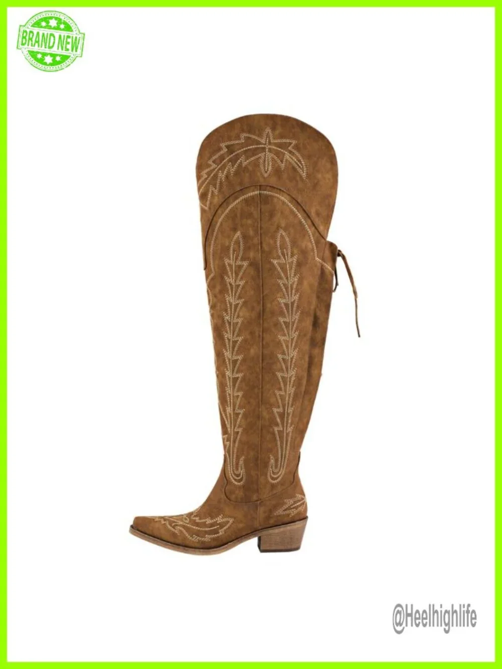 Thigh High Wide Calf Cowgirl Boots Lace Up Embroidered Chunky Heel